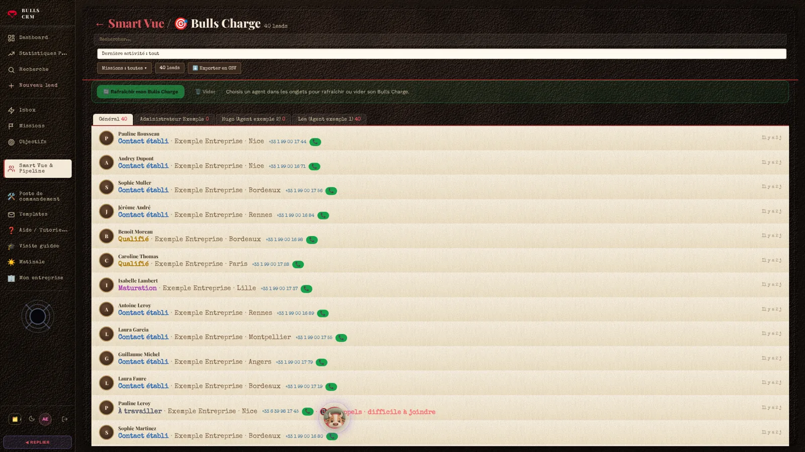 Bulls Charge, la liste d’appels de BULLS CRM