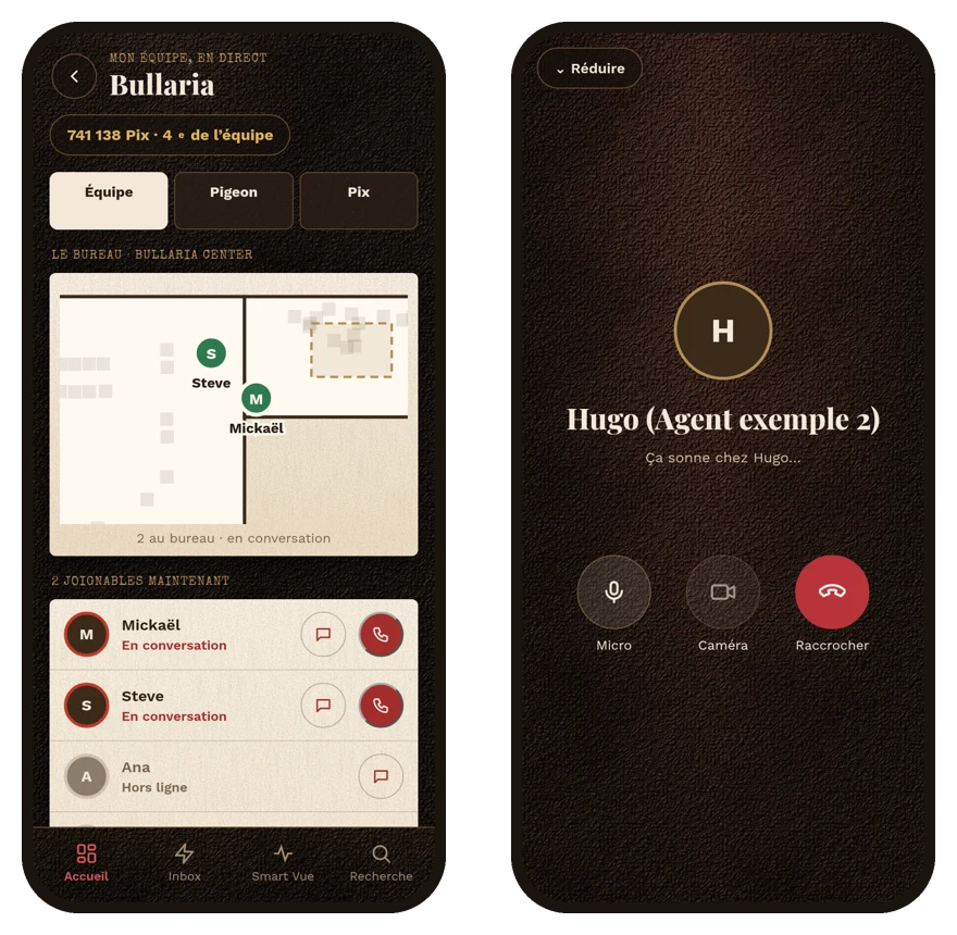 Bullaria Poche sur téléphone : l’équipe présente sur la plateforme, puis un appel vers un collègue avec micro et caméra