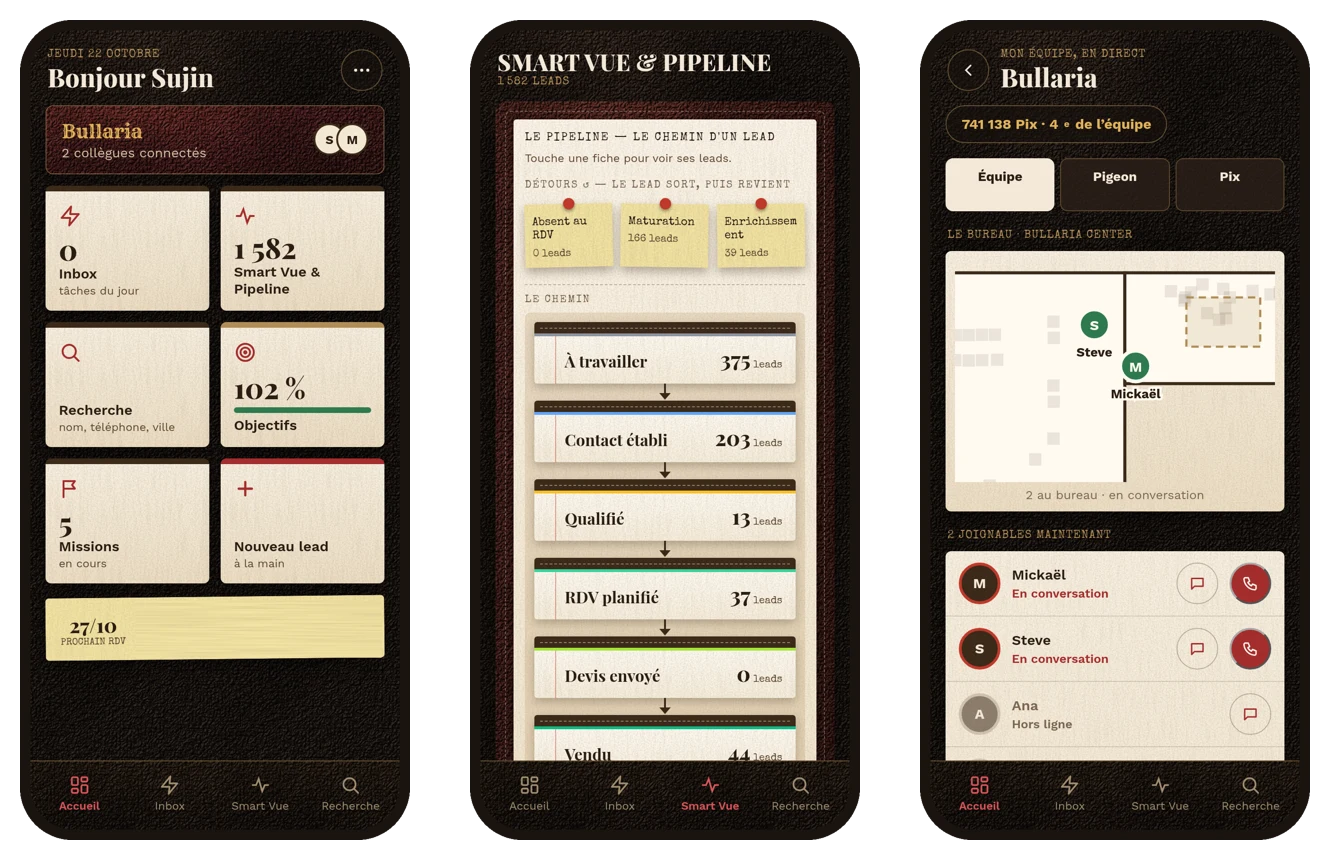 Bullaria Poche, l’appli smartphone de BULLS CRM et du bureau virtuel : accueil, pipeline et équipe en direct